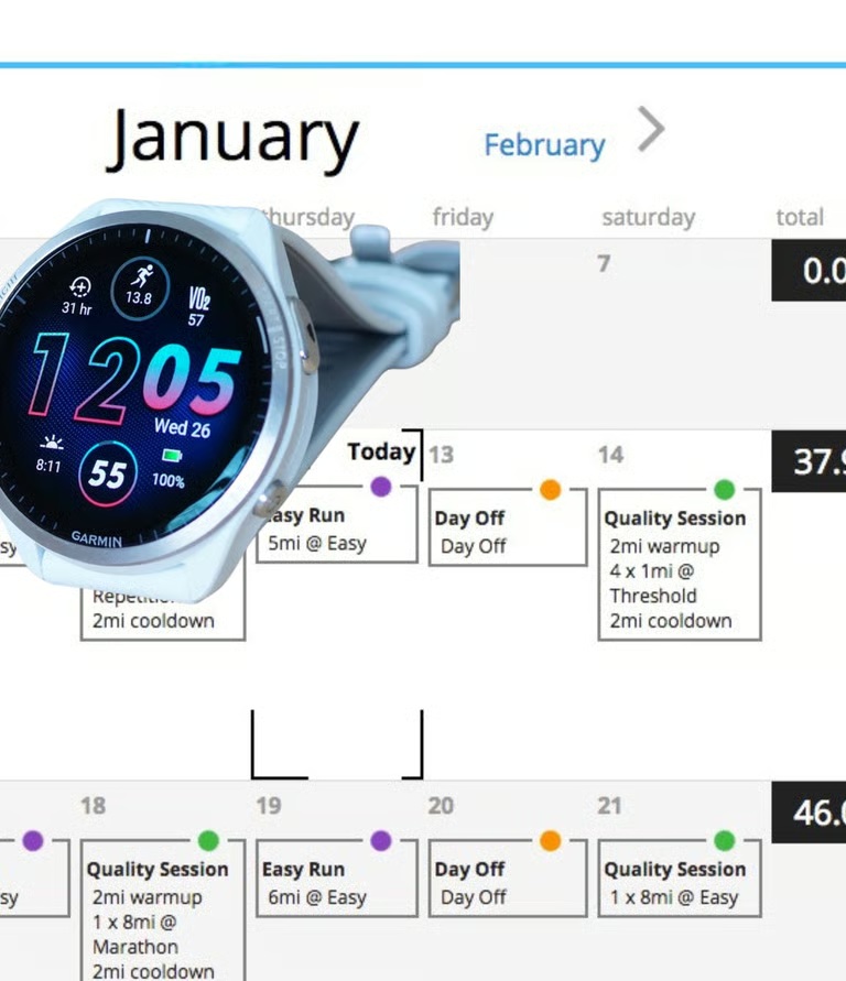 A running watch pictured with a monthly online training calendar